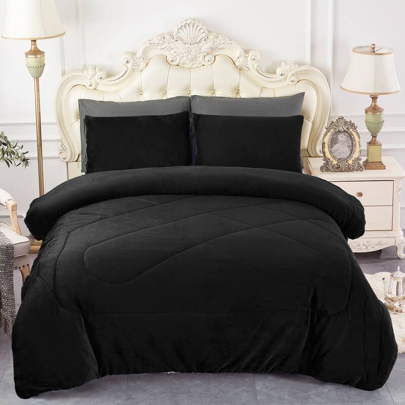 3 Piece Sherpa Plush Micro Suede Comforter Set - Black - California King