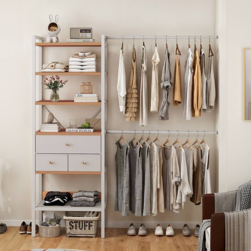 Wall-Mounted Clothing Storage Rack Multi-Functional Closet Organizer System with Adjustable Rods and Shelves