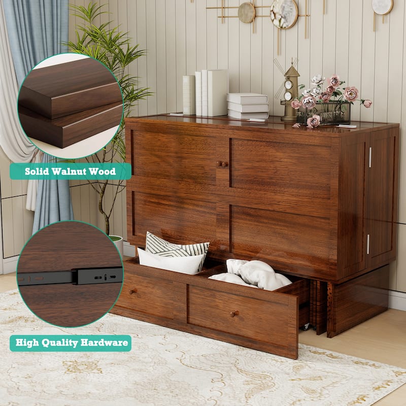 Solid Wood Murphy Bed Full Size with Storage | Space Saving Walnut Cabinet Bed with Easy Pull-Out Mechanism for Bedroom