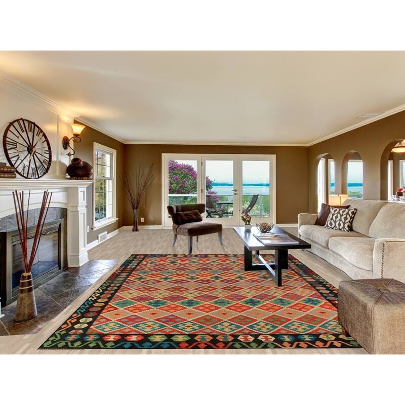 Geometric Trellis Kilim Reversible Area Rug Hand-Woven Wool Carpet - 8'4"x 11'4"
