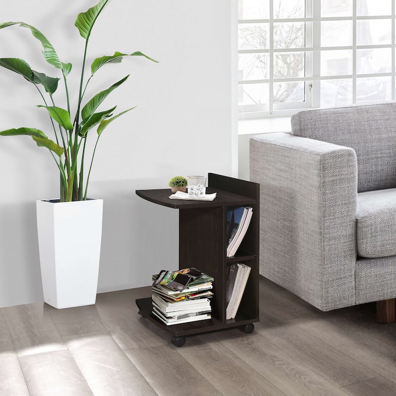 Snack Side End Table with Storage Shelves and Wheels, Chocolate