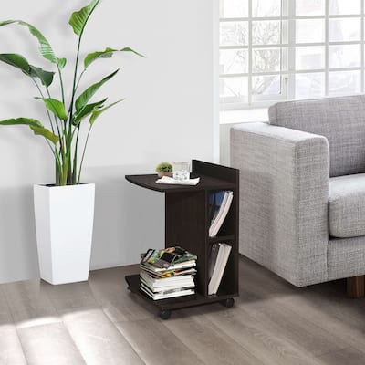 Snack Side End Table with Storage Shelves and Wheels, Chocolate