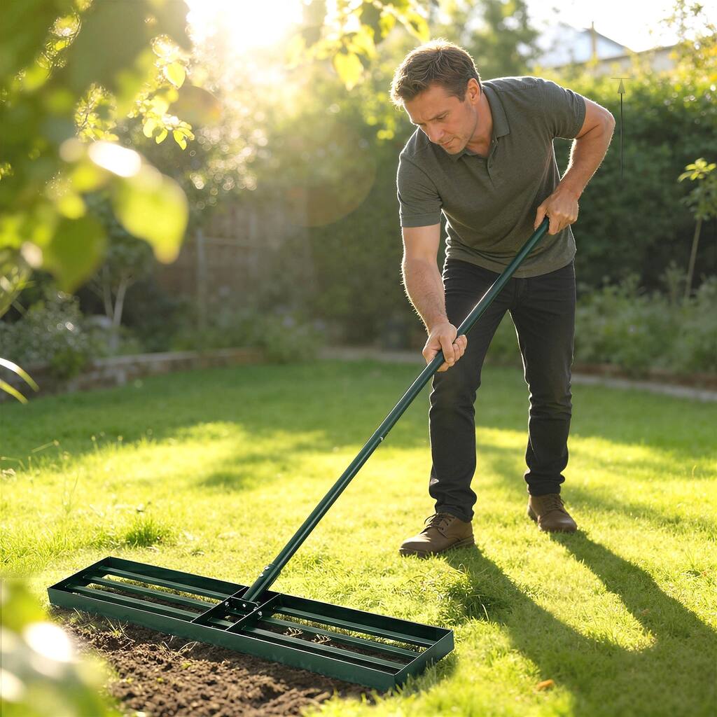 Outsunny Lawn Leveling Rake, 36" x 10" Heavy Duty Yard Leveling Rake with 66.5" Handle, Lawn Leveler for Backyard