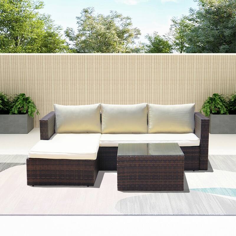 Maypex 3 Piece Wicker Sectional Conversation Set with Cushions Grey