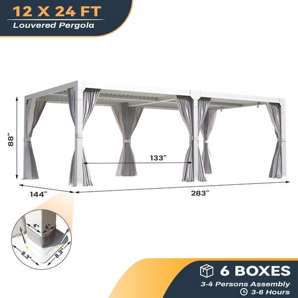 dimension image slide 24 of 30, EROMMY Outdoor Louvered Pergola Gazebo with Adjustable Aluminum Rainproof Roof