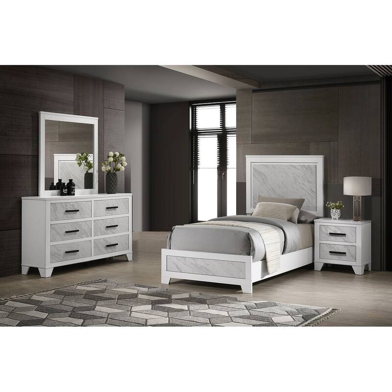 4 Pc Contemporary Bedroom Set White Finish Bed Nightstand Dresser and Mirror - Full