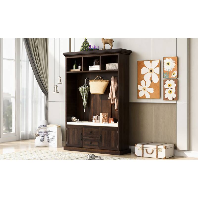 Hall Tree with 3 Hooks , Coat Hanger, Entryway Bench, Storage Bench, 3