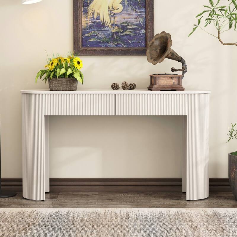 Entryway Table with Fluted Design, Modern Console Table with Storage, Oval Top and 2 Drawers for Entryway and Living Room