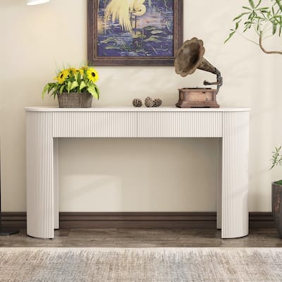 Entryway Table with Fluted Design, Modern Console Table with Storage, Oval Top and 2 Drawers for Entryway and Living Room