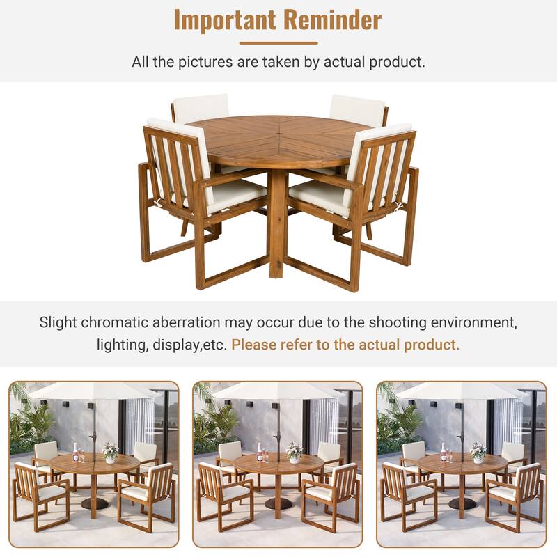 5 Piece Acacia Wood Dining Set with 4 Armchairs and a Table for Garden