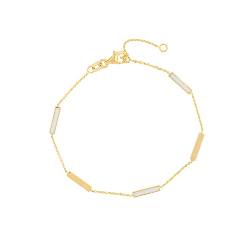 Curata 14k Yellow Gold 7.25" White Enamel Alternating Bar Stations Bracelet