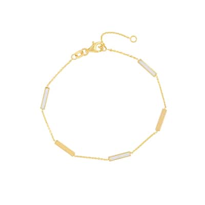 Curata 14k Yellow Gold 7.25" White Enamel Alternating Bar Stations Bracelet