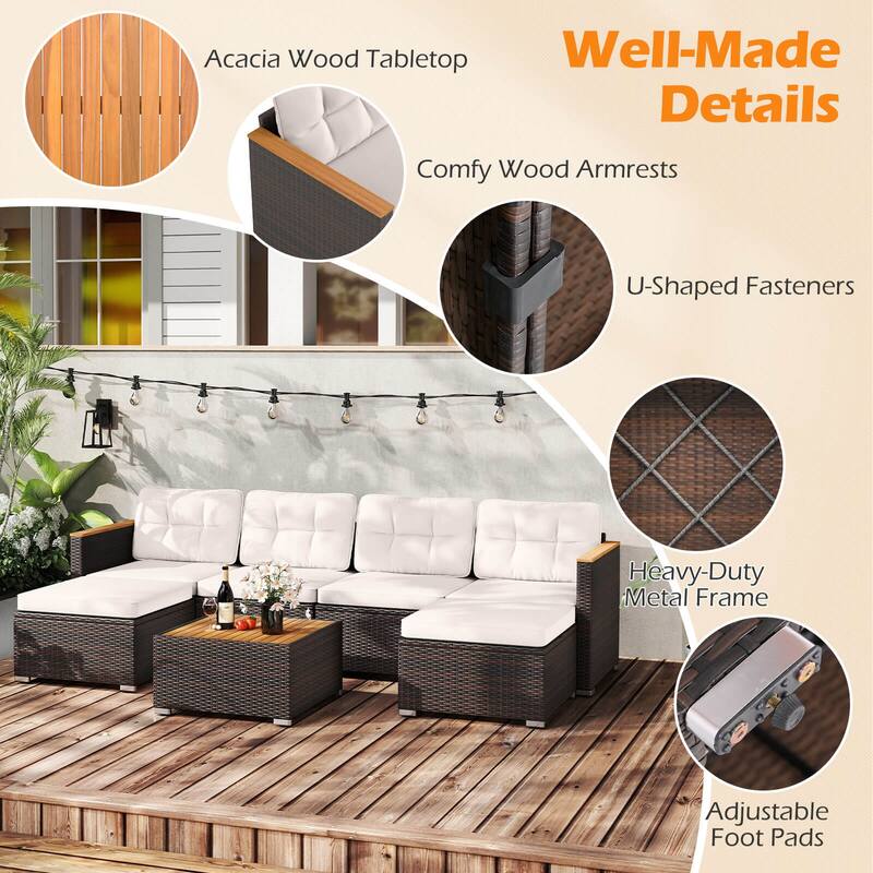 Costway 7 PCS Wicker Conversation Set with Seat & Back Cushions Wood - See Details