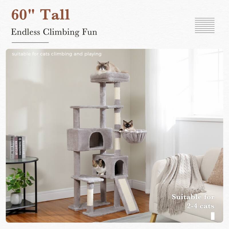 61" Indoor Large Cat Tree Cat Tower with Ladder and Dual Condos