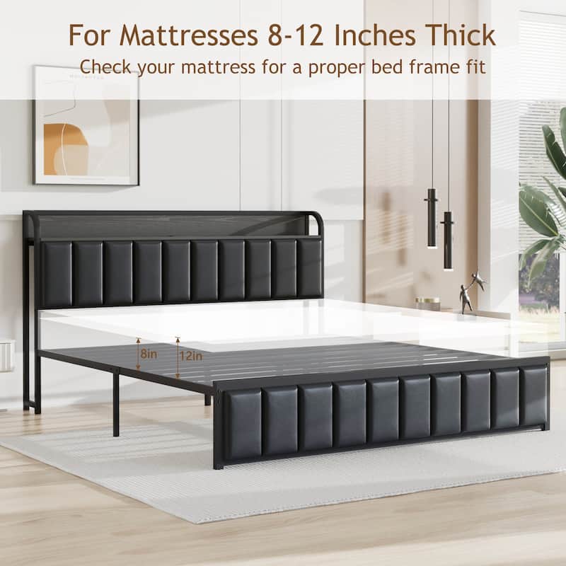 VECELO Upholstered Platform Bed Frame with Storage Headboard and USB AC Ports Charging Station Sturdy Quiet Bed for Bedroom