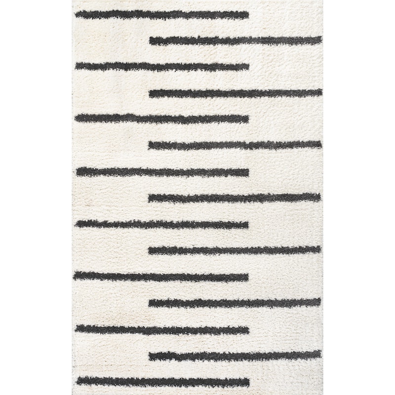 JONATHAN Y Cristo Berber Stripe Shag Area Rug - 8 X 10 - White/Black