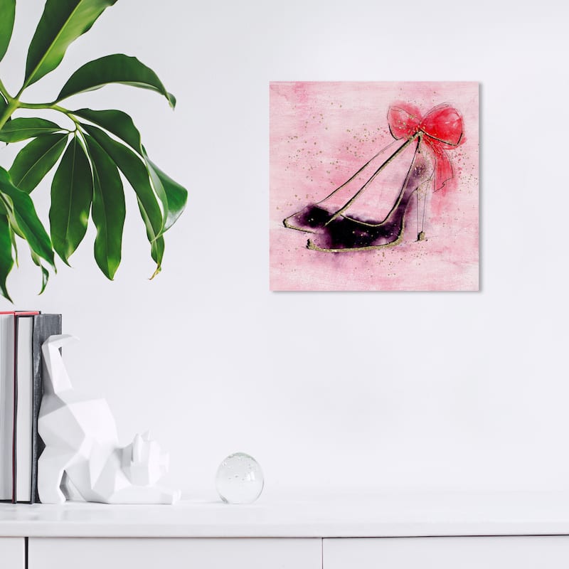 Wynwood Studio Canvas Fashion and Glam Gold Sparkle Ribbon Heel Pink and Pastel Pink Glam Wall Art Canvas Print - 12 x 12