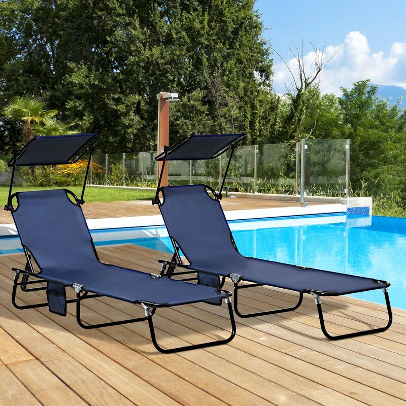 Outdoor Folding Chaise Lounge Pool Chairs with Canopy Shade, Reclining Back, Steel Frame and Side Pocket for Beach, Yard, Patio