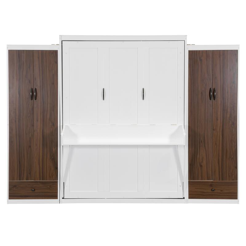 Full/Queen Size Murphy Bed Wall Bed, Wood Foldable Wall Platform Bed Frame with Closet, Drawers, Desk and LED Lights