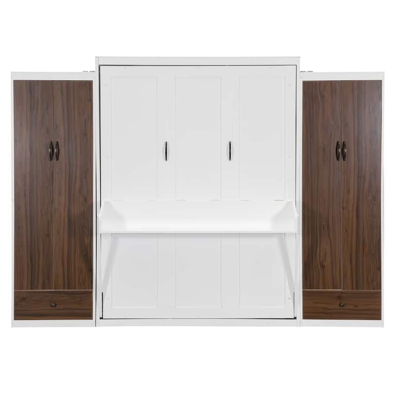Queen Size Foldable Wall Bed with Built-In Desk, Closet, and Drawers in White