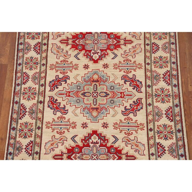 Geometric Beige Kazak Area Rug Handmade Oriental Wool Carpet - 3'11" x 5'10"