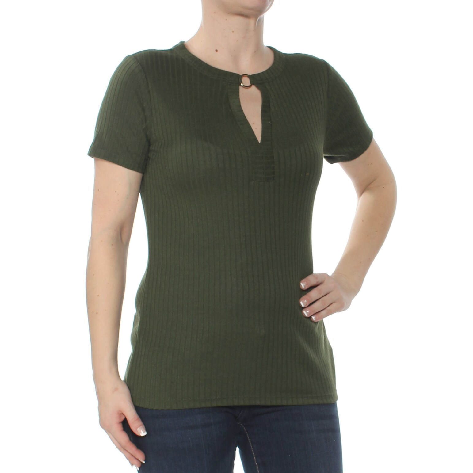 Shop Michael Kors Womens Green Ribbed O Ring Ke Short Sleeve Keyhole Top Size S Overstock 27761301