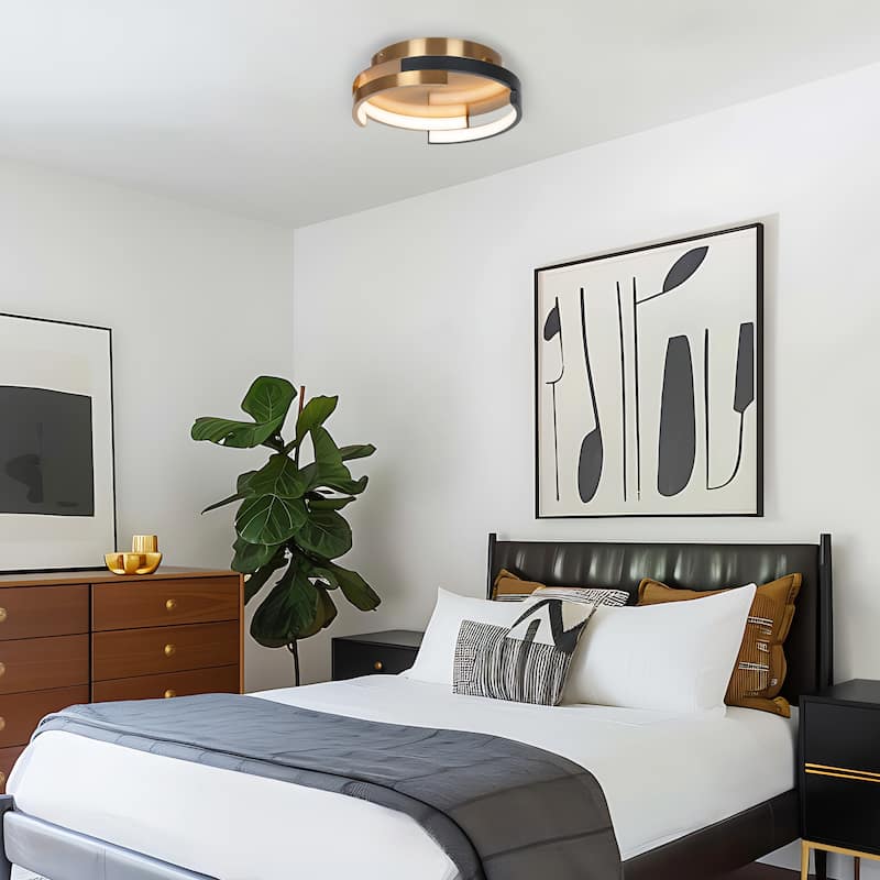 Modern 1-Light LED Integrated Metal Black Gold Drum Flush Mount Ceiling Lights - 12" D x 3.5" H