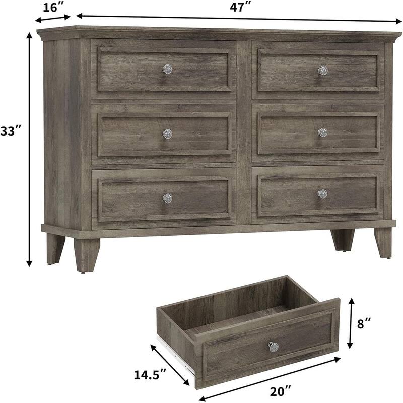 6 Drawer Dresser, Wooden Storage Chest of Drawers for Bedroom, Living Room, Hallway