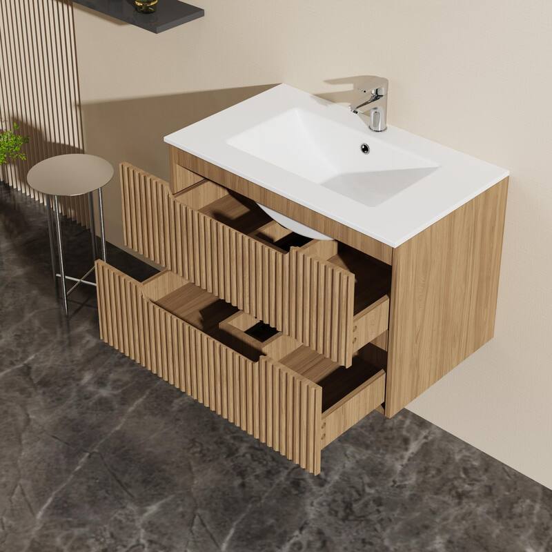 GDFStudio - Lucas Modern Floating Bathroom Vanity with Ceramic Sink and Dual Soft-Close Storage Drawers