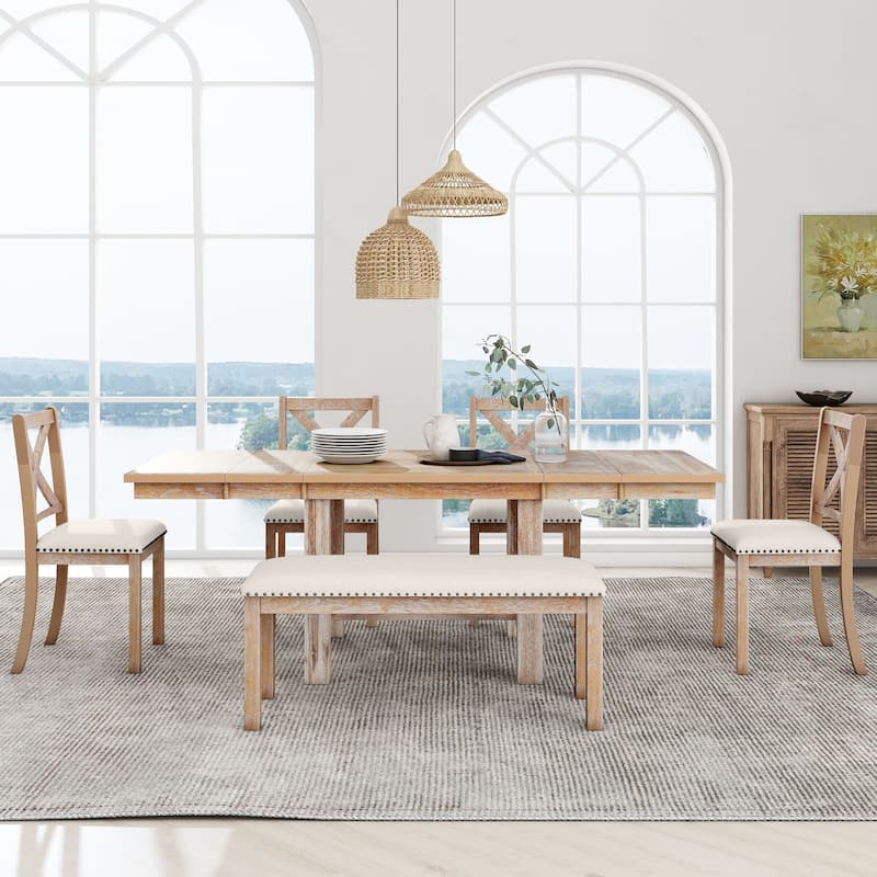 6-Piece Wooden Dining Table Set with Extendable Table & 4 Chairs & Bench - Natural