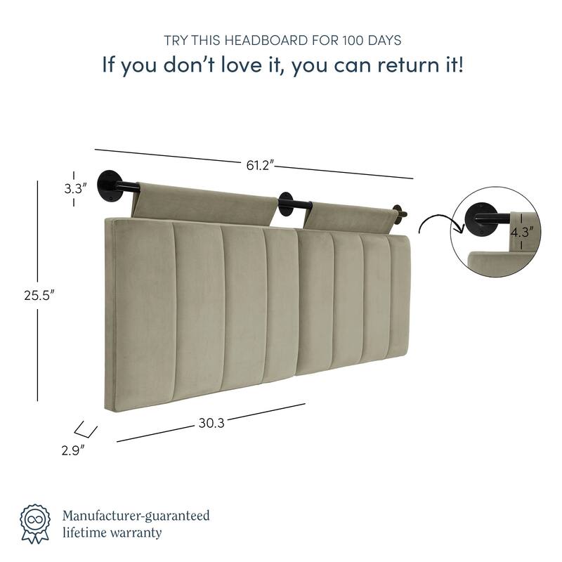 Nathan James Remi Wall Mount Tufted Headboard with Adjustable Straps and Black Metal Rail