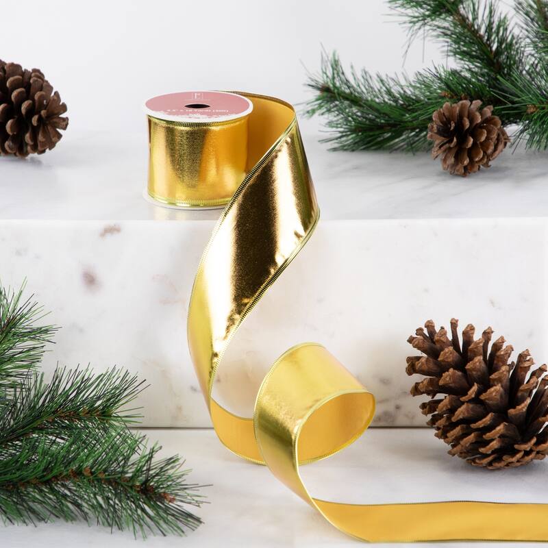 Shimmering Gold Metallic Wired Craft Christmas Ribbon 2.5" x 10 Yards - 2.5" x 10 Yards