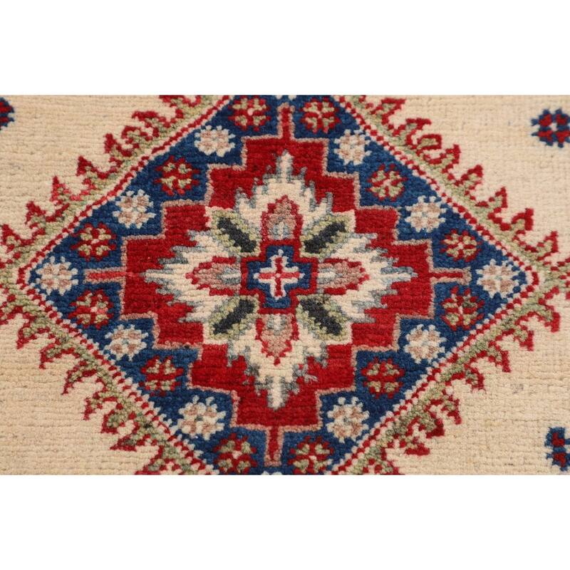 Beige / Ivory Geometric Kazak Accent Rug Hand-Knotted Wool Carpet - 2'9" x 3'10"
