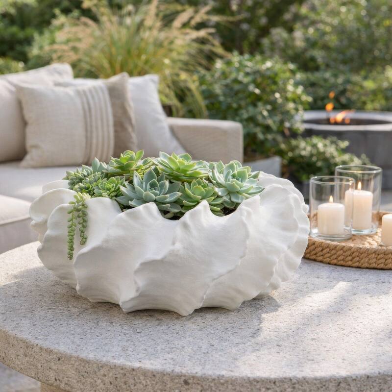 Velz Decorative Planter, 16 Inch Wavy Edge, Matte White Ceramic