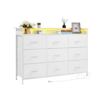 White 9 Fabric Drawer Tall Dresser with Power Outlets and Sturdy Steel Frame