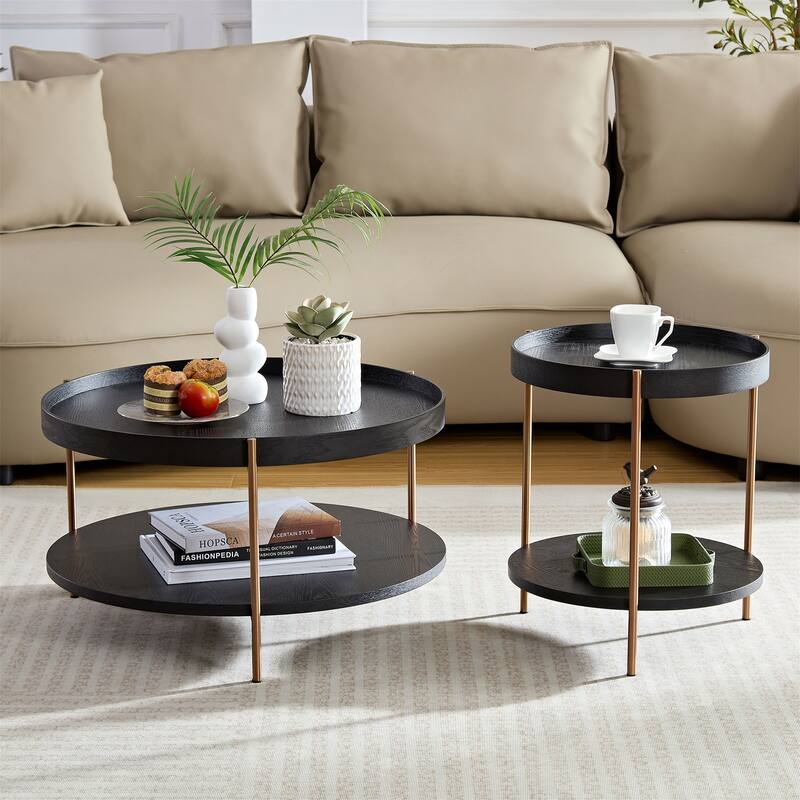 2-Piece Modern 2 tier Round Coffee Table Set - Matt Black
