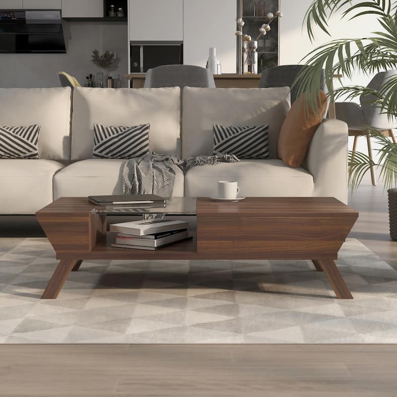 Kress Mid-Century Modern Walnut 47-inch Glass Insert 1-Shelf Coffee Table by Furniture of America