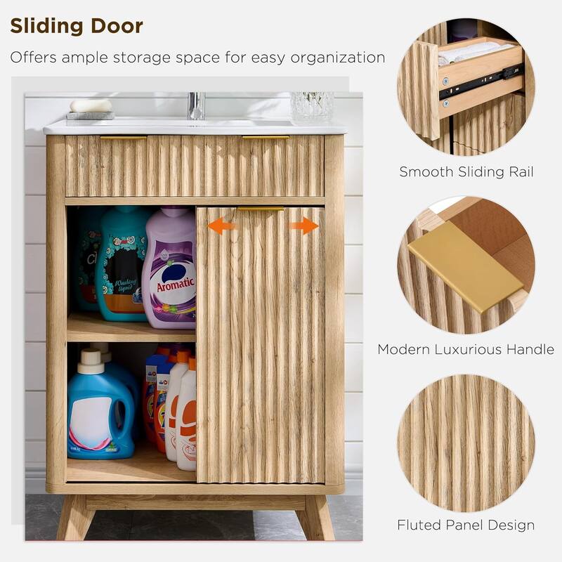 24" Fluted Bathroom Vanity with Ceramic Sink, Modern Bathroom Cabinet