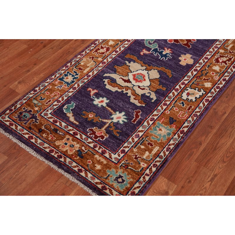 Hand Knotted Oriental 100% Wool Carpet Transitional Floral Purples Oushak Runner Rug - 9' 11'' X 2' 8''