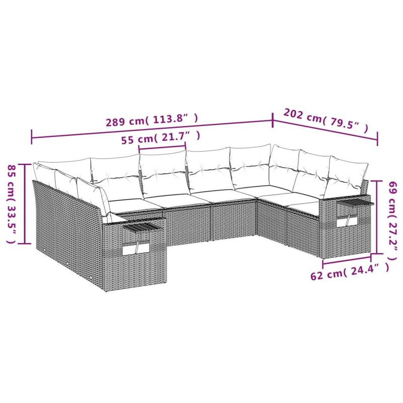 vidaXL Patio Sofa Set with Cushions Outdoor Conversation Furniture Poly Rattan - 24.4 x 24.4 x 27.2