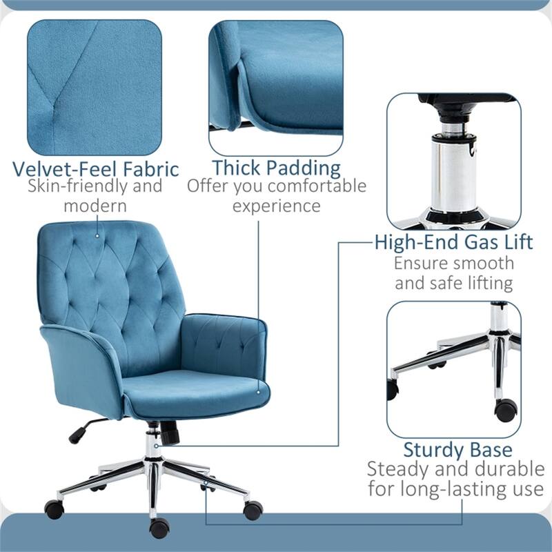 Velvet Office Chair with Adjustable Height Swivel Wheels - 26" W x 27.25" D x 35.25"-38.25" H