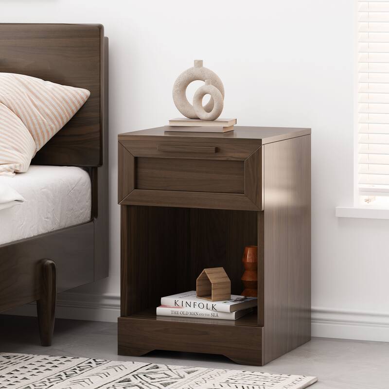 Rustic Faux Wood Nightstand with Drawer and Shelf, 1-Drawer Storage Table for Bedroom and Living Room