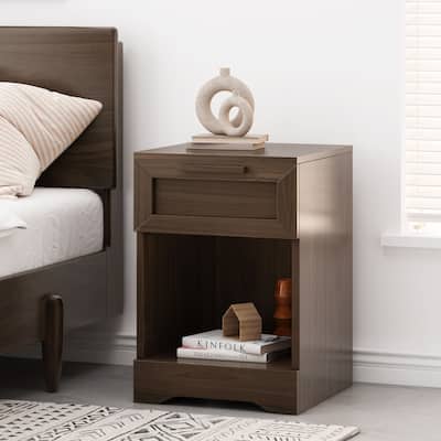 Rustic Faux Wood Nightstand with Drawer and Shelf, 1-Drawer Storage Table for Bedroom and Living Room