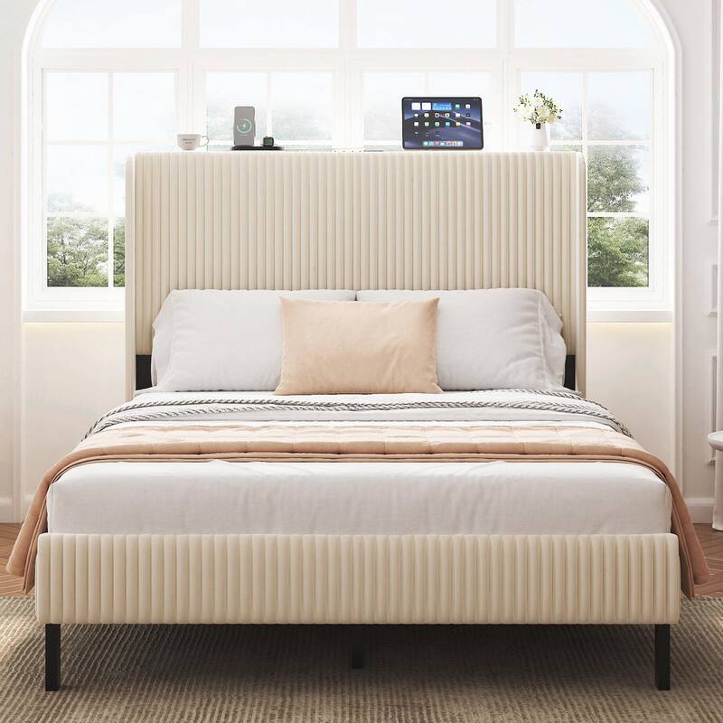 Platform Bed, Metal Bed Frame with Charging Station, No Box Spring Needed - Beige - Full