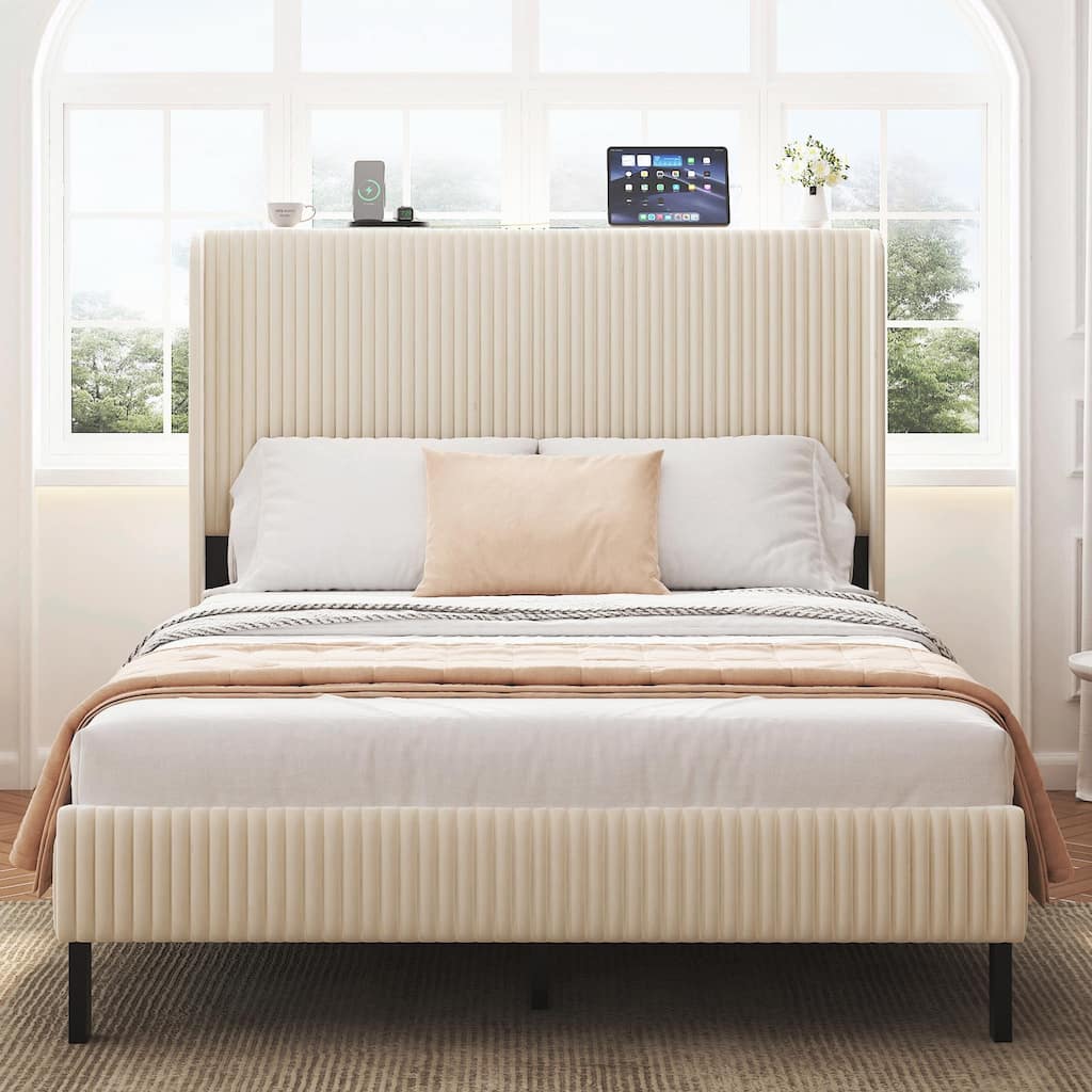 Platform Bed, Metal Bed Frame with Charging Station, No Box Spring Needed