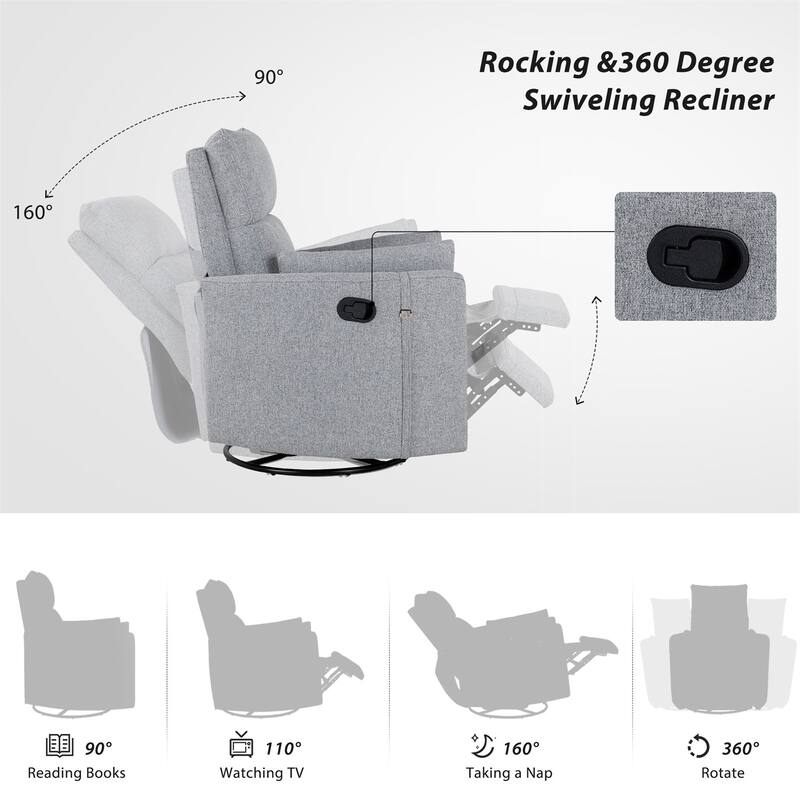 360 Swivel Manual Living Room Recliner Rocker Chair with 2 Pillows