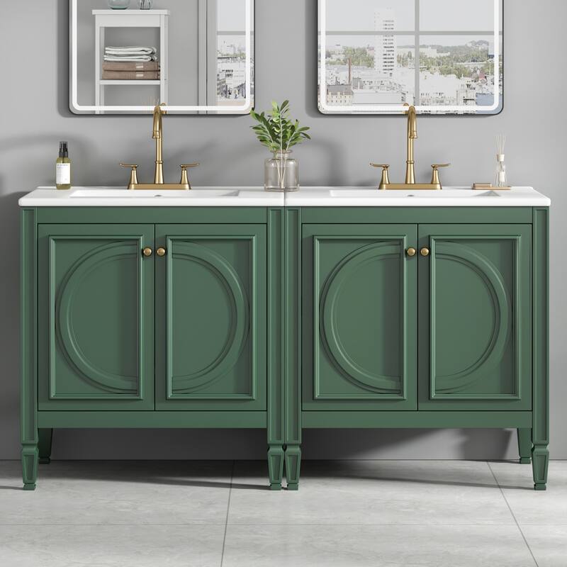 Roomfitters 60" Double Bathroom Vanity Set with Dual Ceramic Sinks, Vintage Tapered Legs and Customizable Storage - Green