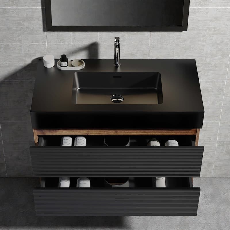 36" Walnut Floating Bathroom Vanity with Matte Black Quartz Basin, Wall Mounted Modern Vanity with Soft-Close Drawers