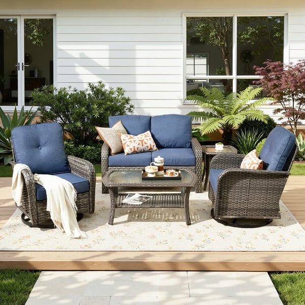 slide 2 of 40, HOOOWOOO 5-piece Grey Wicker Chat Set Patio Conversation Set with Swivel Chairs Denim Blue