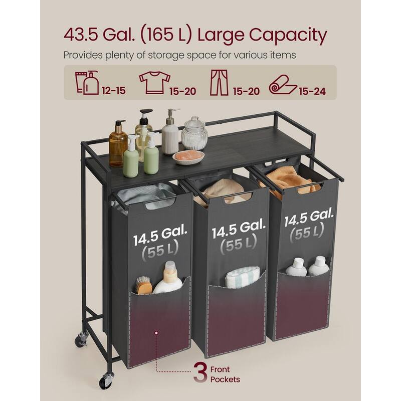 3-Bag Rolling Laundry Hamper with Top Shelf Slate/Charcoal Gray Sorter with Removable Water - 36.6"L x 12.6"W x 36.6"H